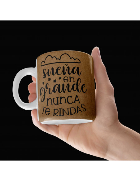 Tazas frases positivas estilo papel madera