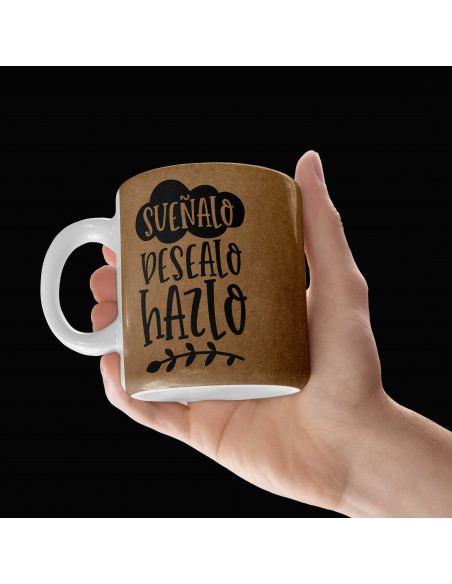 Tazas frases positivas estilo papel madera