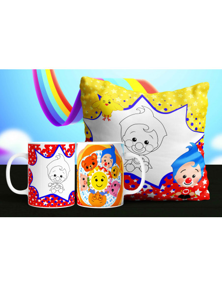 Almohadón + taza payasito plim plim colorear/pintar