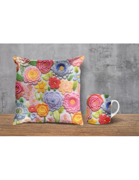 Almohadones + taza fondos floreados tejido