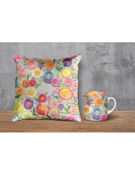Almohadones + taza fondos floreados tejido