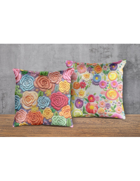 Almohadones + taza fondos floreados tejido