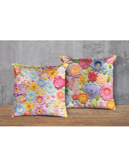 Almohadones + taza fondos floreados tejido