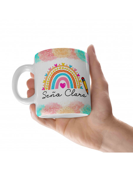 Tazas Seño Profe Maestra dibujos arcoiris